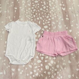 Polo Ralph Lauren Baby Girl 12M Pink Oxford Mesh Shorts + White Pony Bodysuit